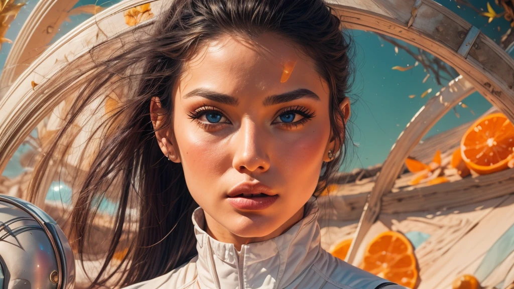arafed image of a white woman in a futuristic suit with a spaceship in the background, movie art, in front of an orange background, inspired by Robert McGinnis, female protagonist, megastructure in the background, portrait of an ai astronaut, astronauts, an astronaut, portrait of a astronaut skeletor, perfect android girl, Highly Detailed Face and Skin Texture, Detailed Eyes, Double eyelids, perfectly detailed teeth, frank franzzeta and sakimichan  