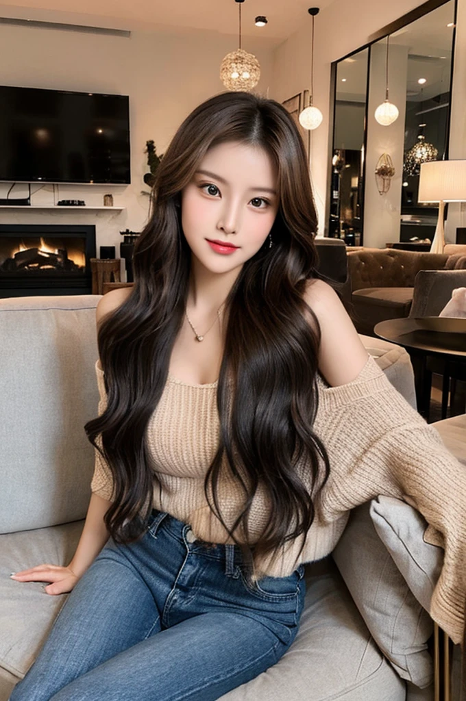 Generate an image of a stunning 20-year-old Asian woman with beauty akin to a goddess of the fire element. She has big brown eyes, dark brown hair, glowing skin, and an attractive appearance. She is wearing a beautiful top paired with blue skinny jeans. The woman is sitting sweetly on a living room sofa, her posture relaxed and inviting, surrounded by cozy and elegant decor.