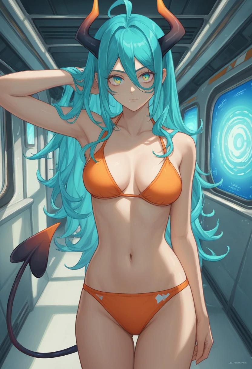 score_9, score_8_up, score_7_up,1 daemon woman, black  demon horns, black demon tail, (aquamarine hair),aquamarine green color hair,ahoge, long hair, (long hair),bangs, light orange bikini, bikini is orange, bikini orange, orange bikini!, (aquamarine eyes), background is spaceship, aquamarine eyes, 1woman ,facing viewer, daemon girl,  close up,Well-endowed, alone, Spacecraft interior, sexy pose