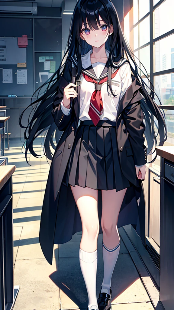long black hair, eyes black, school clothes, young student, school location