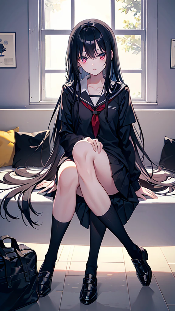 long black hair, eyes black, school clothes, young student, school location