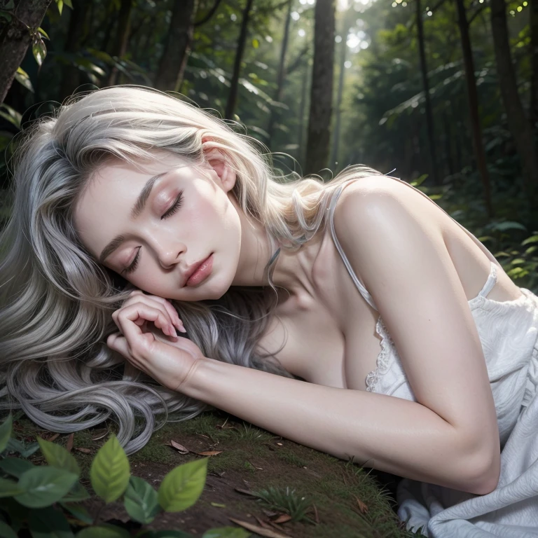 Woman, curly silver hair, pale skin, sleeping in a Forest