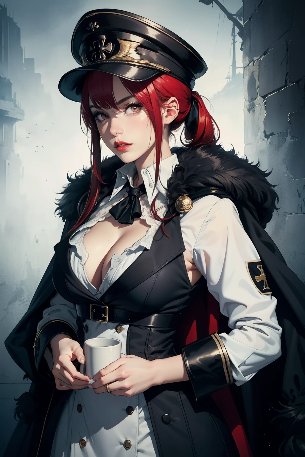 HDR, very detailed, Extra resolution, Masterpiece. 8k hd, a woman wearing a black gothic style military uniform, black military hat with gold details, iron cross symbol on the military hat, hips up, big breasts, 18 year old woman, beautiful face, Special face details, realistic, Red lips, black outfit, white coat, red hair, high ponytail, Bunker, intense stare, strong emotions, elegant gesture, flowing dress, Detailed facial features, Long eyelashes, contrast, great details, Incredible atmosphere, Gothic style, black and white plate, Fascinating setting, Haunting beauty,