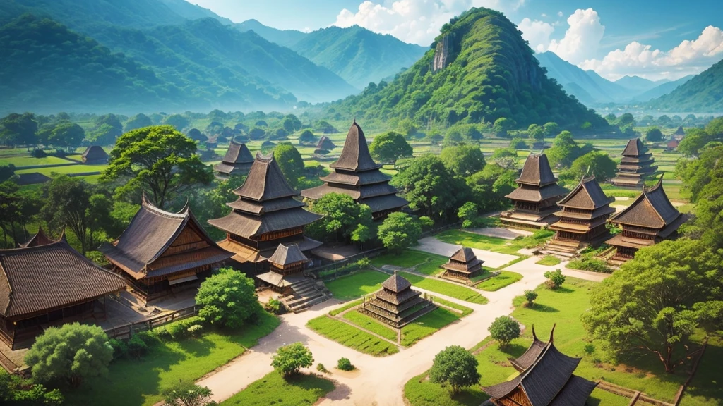 Beautiful scenery of Indonesian ancient village. Seen from above, realistic photo. high definition
