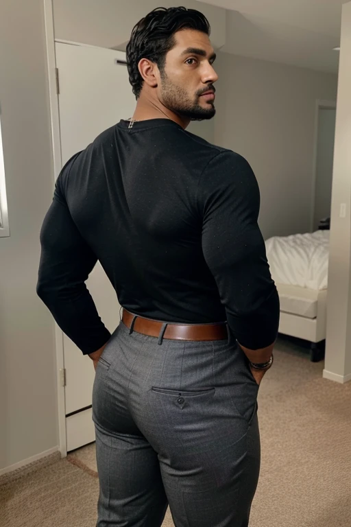 A Hispanic black man with a face that looks like Henry Cavill. black man, His body is muscular and he has a toothed beard.. Big Butt, in a moment of reflection. full body. Black Fajada shirt, semi formal clothing, grey pants, backside.