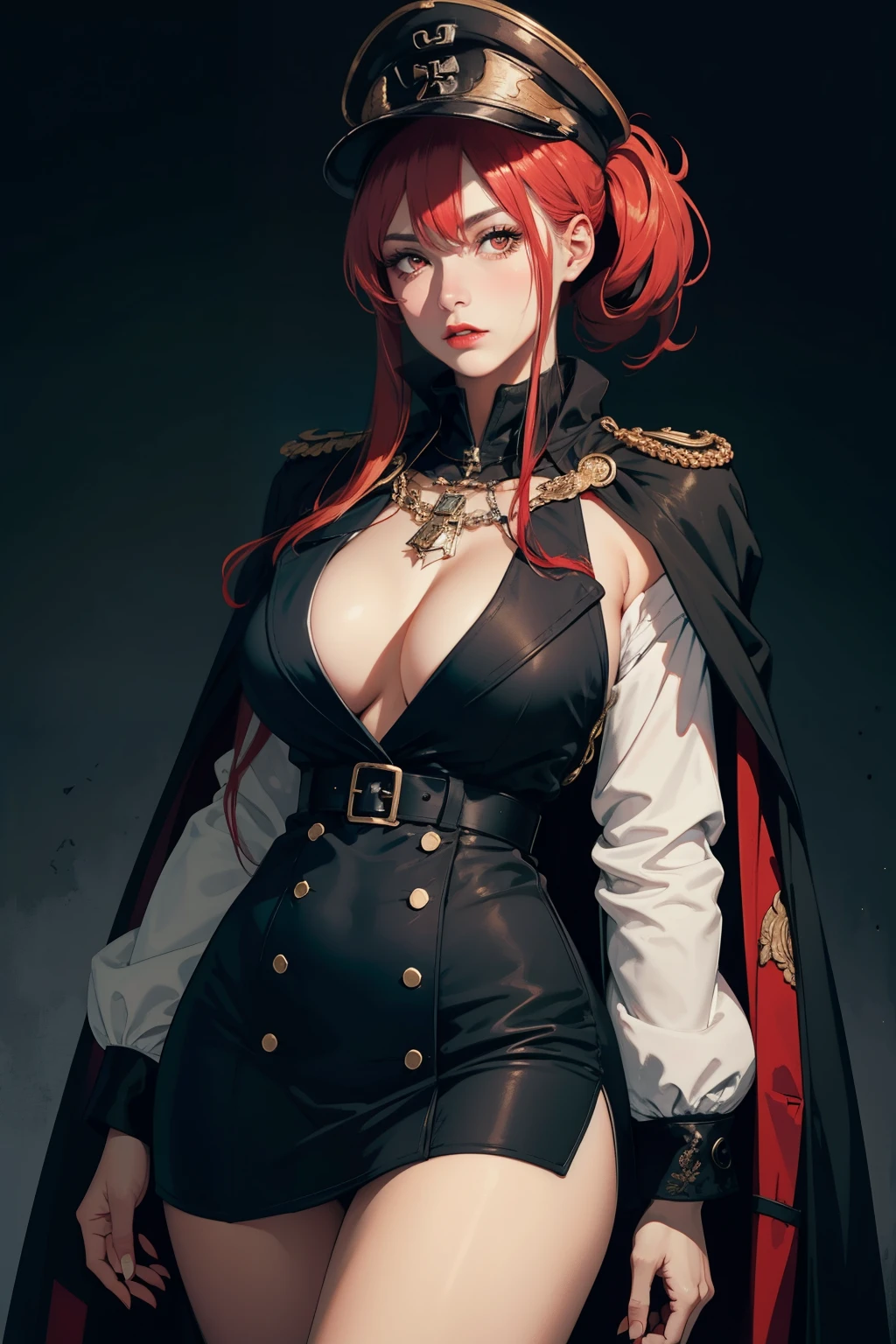 HDR, very detailed, Extra resolution, Masterpiece. 8k hd, a woman wearing a black gothic style military uniform, black military hat with gold details, iron cross symbol on the military hat, hips up, big breasts, 18 year old woman, beautiful face, Special face details, realistic, Red lips, black outfit, white coat, red hair, high ponytail, barrack, intense stare, strong emotions, elegant gesture, flowing dress, Detailed facial features, Long eyelashes, contrast, great details, Incredible atmosphere, Gothic style, black and white plate, Fascinating setting, Haunting beauty,