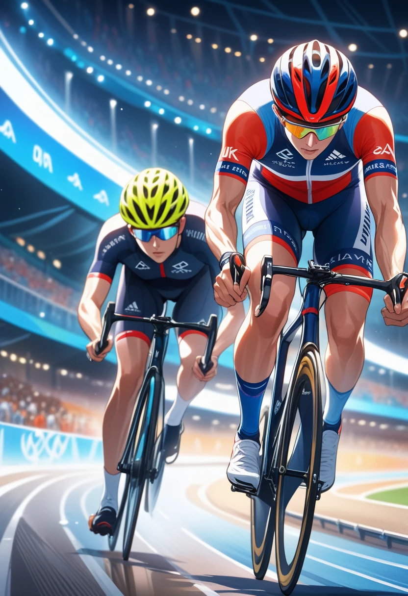 ((Masterpiece)), ((Best Quality)), (Very Detailed), ((Very Detailed)), 4K, (8K), very aesthetic, absurdres highres, An Olympic cyclist races down the banks of an indoor stadium. Athletes lean forward to reduce wind resistance and wear streamlined helmets. There are spectator seats in the background, with bright lights illuminating the players. The muscle tension and details of the bicycle are realistically depicted to convey the athlete's concentration and sense of speed.
