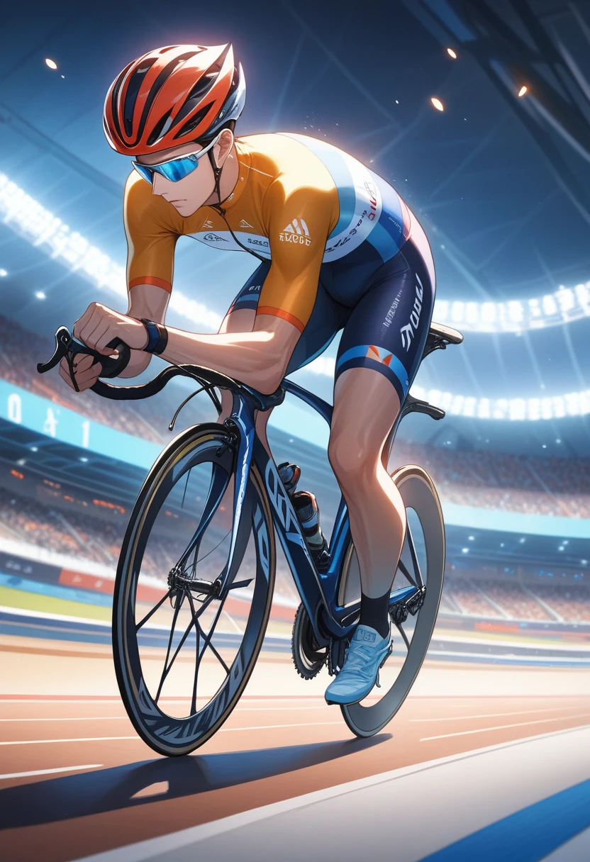 ((Masterpiece)), ((Best Quality)), (Very Detailed), ((Very Detailed)), 4K, (8K), very aesthetic, absurdres highres, An Olympic cyclist races down the banks of an indoor stadium. Athletes lean forward to reduce wind resistance and wear streamlined helmets. There are spectator seats in the background, with bright lights illuminating the players. The muscle tension and details of the bicycle are realistically depicted to convey the athlete's concentration and sense of speed.
