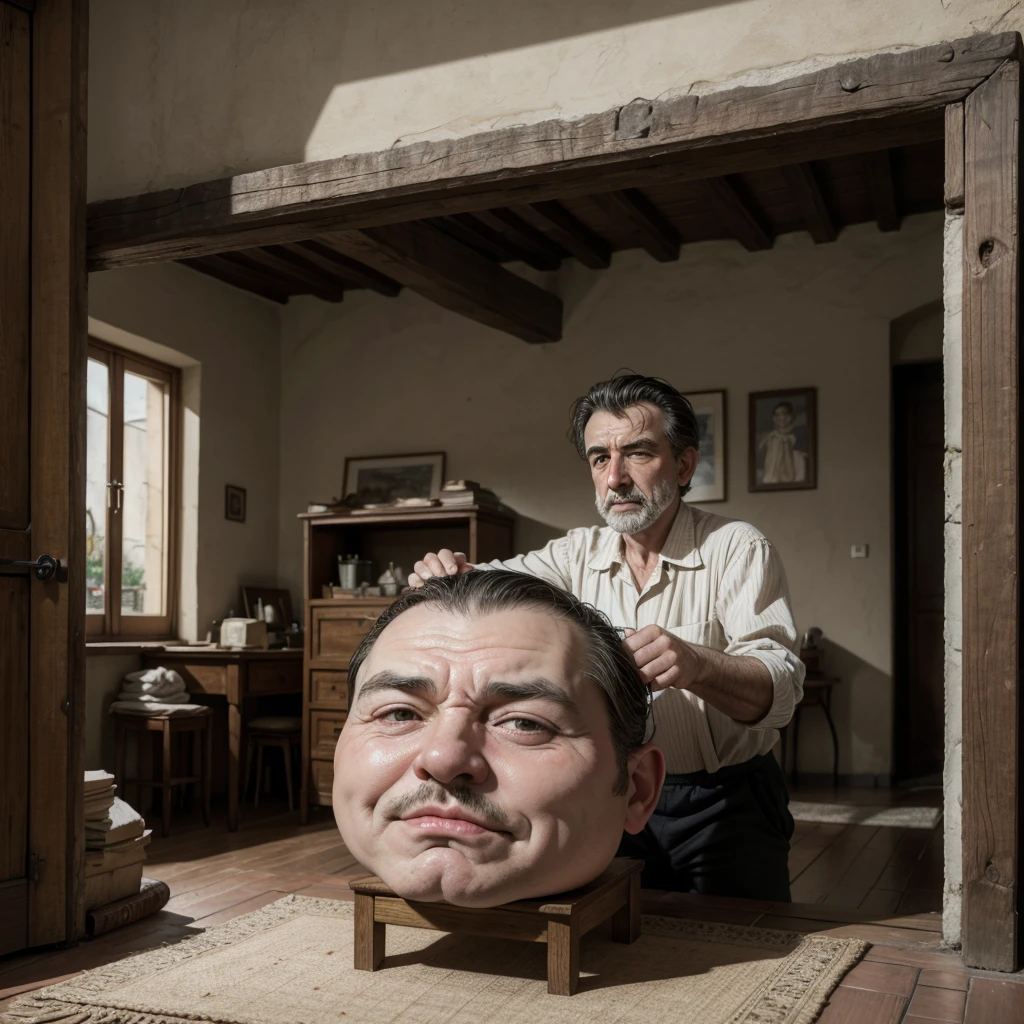 Caricature Birth of Benito Musolini in a humble home in Italy 1883