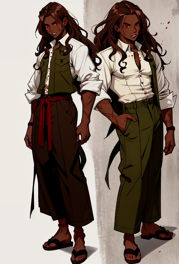young male, demonic traits, has an unparalleled beauty, long wavy brown hair, ruby red eyes, BROWN SKIN, parts,diamond face, slightly small and oval lips, splattered nose, medium complexion, olive green sleeveless button down shirt, Gray haakama pants and white geta shoe.