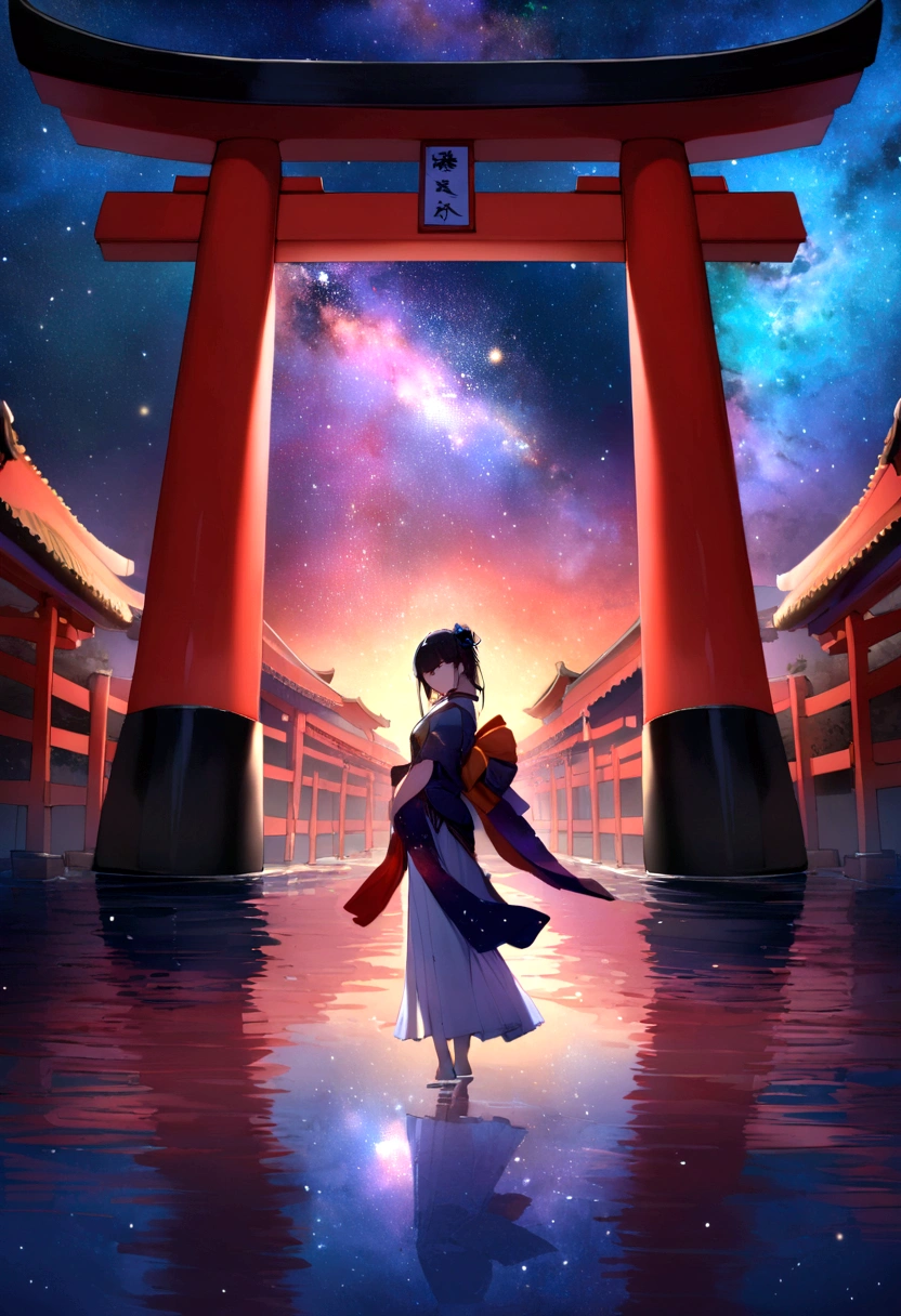 A space landscape with the Earth at the center、Digital art with high definition and vivid colors。Galaxy and stars in the background々Spread、In the foreground is a traditional Japanese torii gate.、Several small torii gates are reflected on the water surface, leading to a large torii gate.。This scene、It combines elements of space and traditional Japanese architecture.、It creates a fantastic and mysterious atmosphere.。The torii gate is lit by a lantern、The space background provides a colorful and dynamic contrast、Features dramatic lighting。