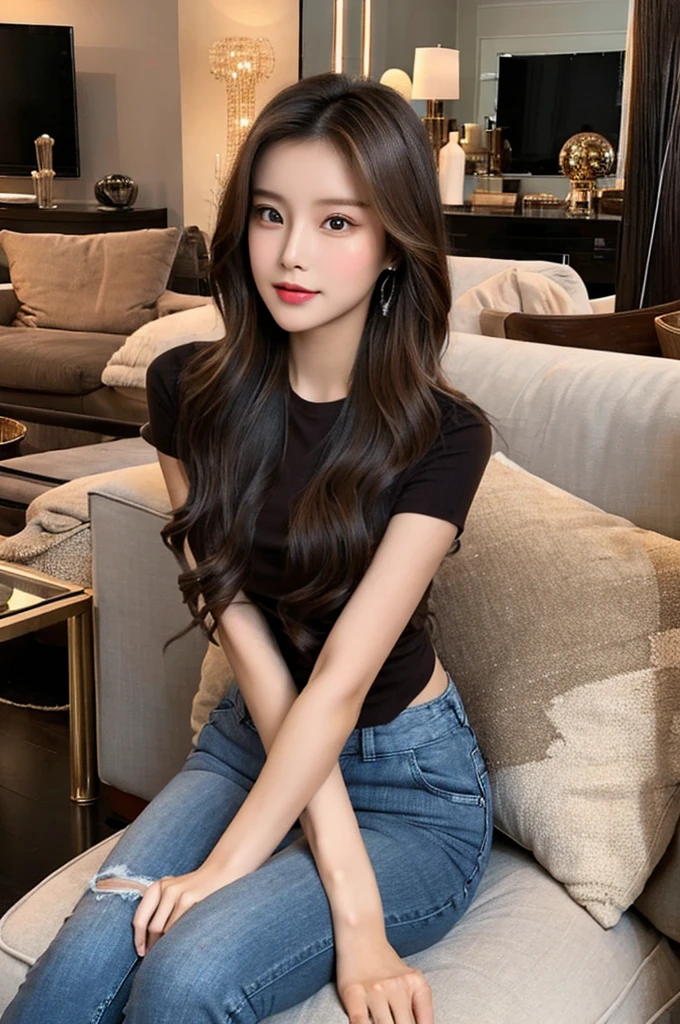 Generate an image of a stunning 20-year-old Asian woman with beauty akin to a goddess of the fire element. She has big brown eyes, dark brown hair, glowing skin, and an attractive appearance. She is wearing a beautiful top paired with blue skinny jeans. The woman is sitting sweetly on a living room sofa, her posture relaxed and inviting, surrounded by cozy and elegant decor.