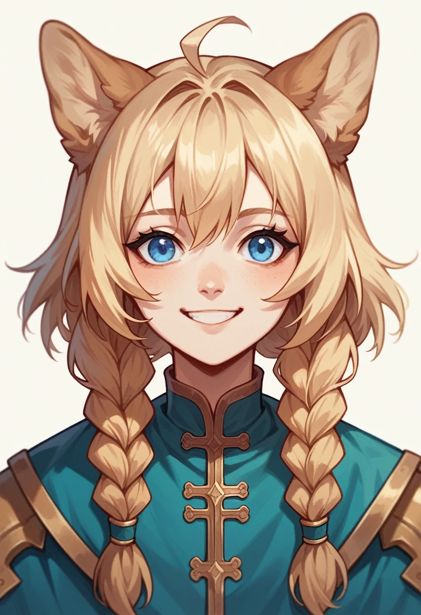 masterpiece, blond hair, pointy hair, young woman, blue eyes, looking at viewer, {{dog ears}}}, dog tail twin braids, medium hair, cassia, portrait, smile, heatshot