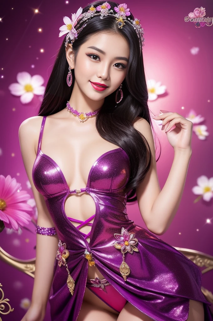 sexy Thai model who controls poison、beautiful smile、lipgloss、bold lipstick、intense makeup、look at the camera、full body Esbian、、sparkling poisoned flower costume、、、、sparkling Colorful hair、secrete poison、skull hair accessories、sexy tights、shiny sparkling flowers background