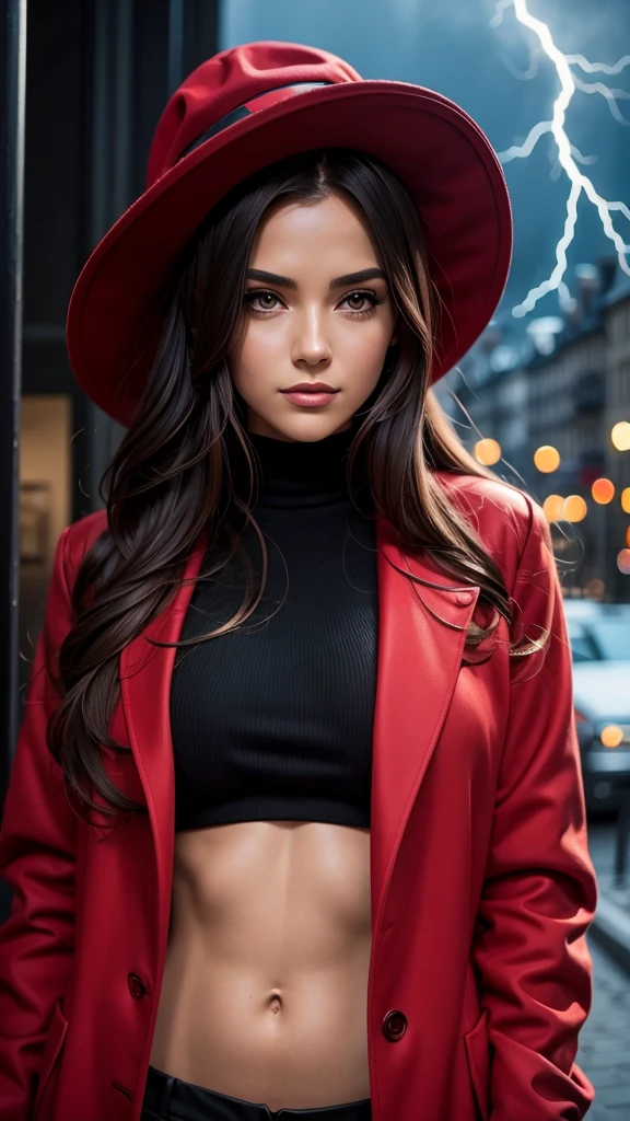 (realistic:0.2), anime illustration, 1girl,, red coat, big red hat, in paris france, sfw, black pants, black office shirt,, carmen sandiego,, blue sky,, long hair,, dramatic lightning, lights, epic lights, light on face, backlit, face light, lit face, fill lamp, fill light, ((masterpiece)),   (carmen_sandiego_v1-1_shurik-2000:0.6)