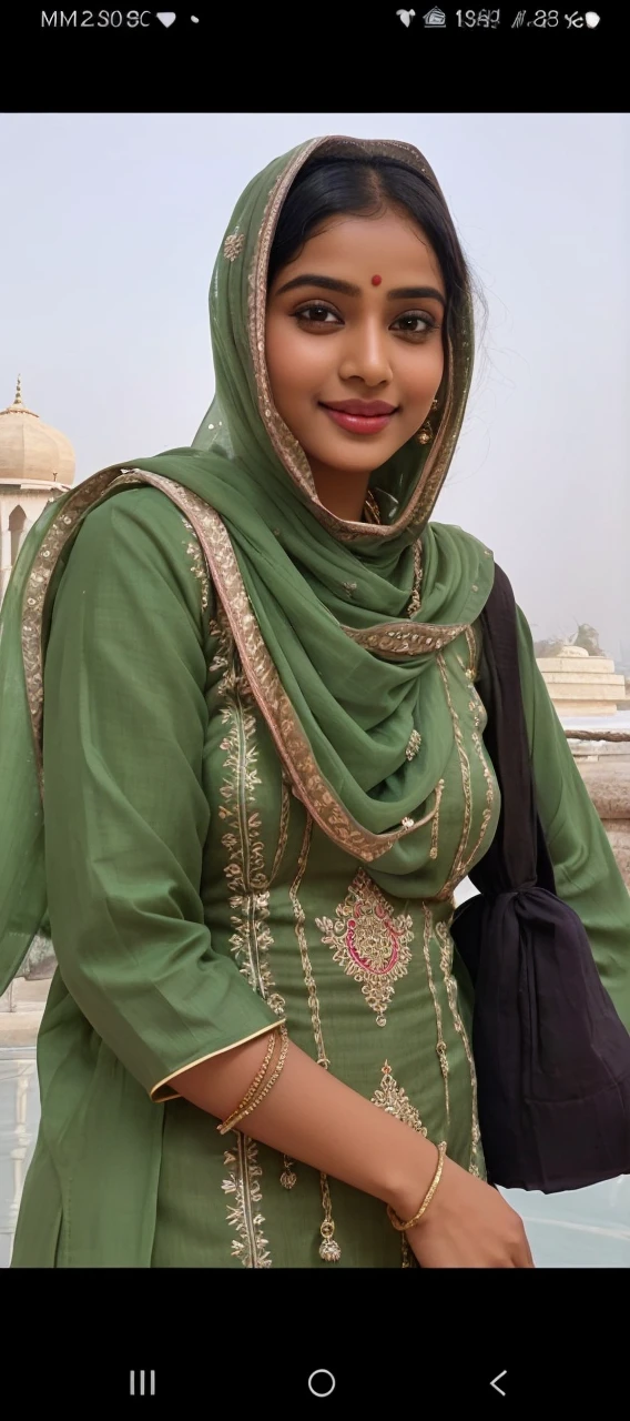 A simple, cute Indian girl wearing a traditional salwar suit. She has a warm smile and a gentle demeanor, exuding a natural charm. Her salwar suit is adorned with subtle, elegant patterns, reflecting her modest yet graceful style. The vibrant colors of her outfit complement her complexion, and face makeup lite no required bindi and her hair is neatly styled, enhancing her overall appearance HDR.