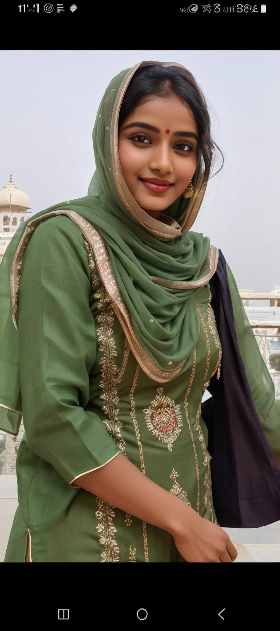 A simple, cute Indian girl wearing a traditional salwar suit. She has a warm smile and a gentle demeanor, exuding a natural charm. Her salwar suit is adorned with subtle, elegant patterns, reflecting her modest yet graceful style. The vibrant colors of her outfit complement her complexion, and face makeup lite no required bindi and her hair is neatly styled, enhancing her overall appearance HDR.