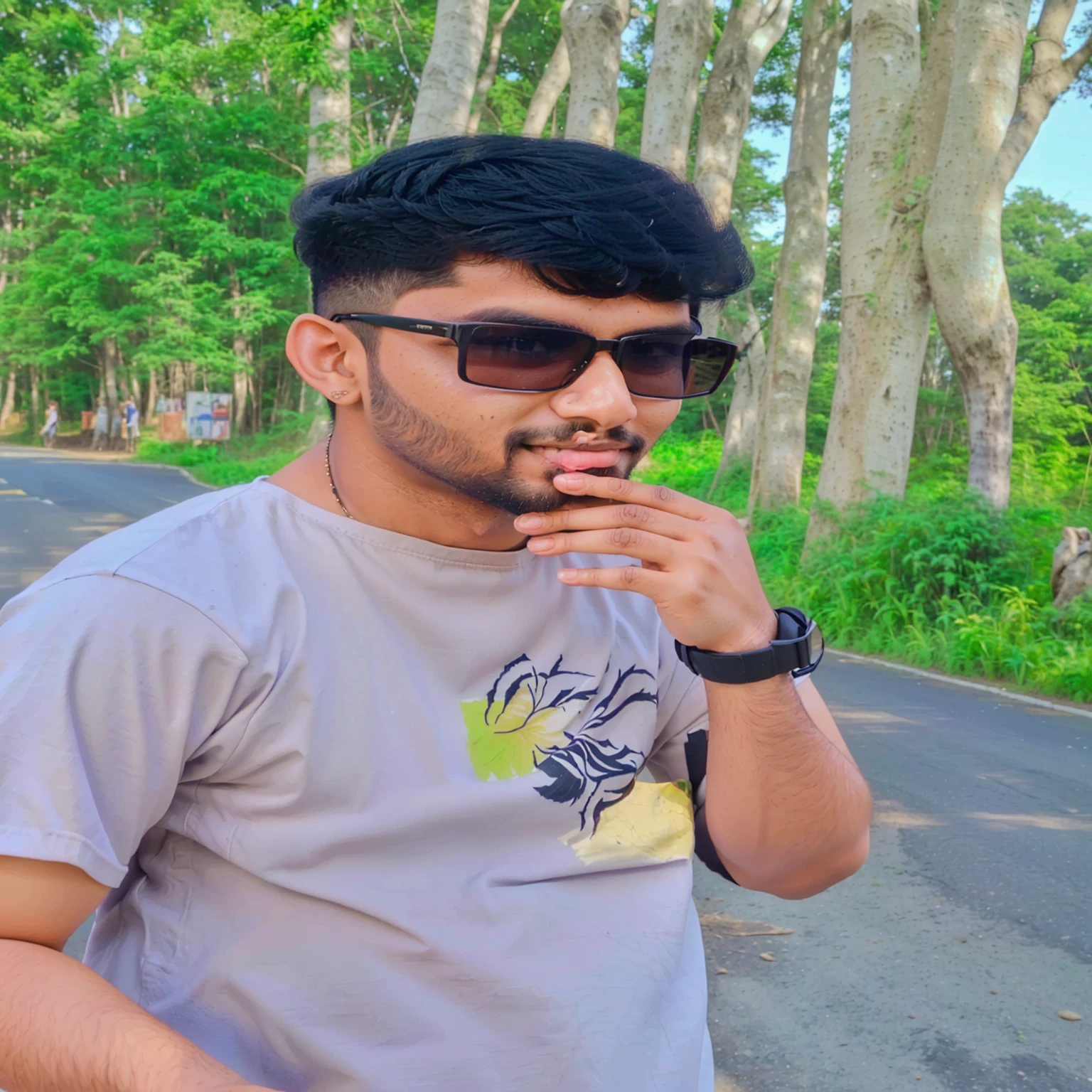 there is a man standing on a road with a toothbrush in his mouth, assamese aesthetic, mohamed chahin style, portait photo profile picture, in front of a forest background, with accurate face, with a cool pose, candid picture, riyahd cassiem, * colour splash *, jayison devadas style, jayison devadas, with lovely look