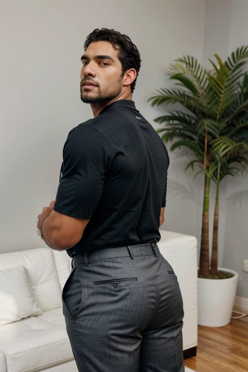 A Hispanic black man with a face that looks like Henry Cavill. black man, His body is muscular and he has a toothed beard.. Big Butt, in a moment of reflection. full body. Black Fajada shirt, semi formal clothing, grey pants, backside.