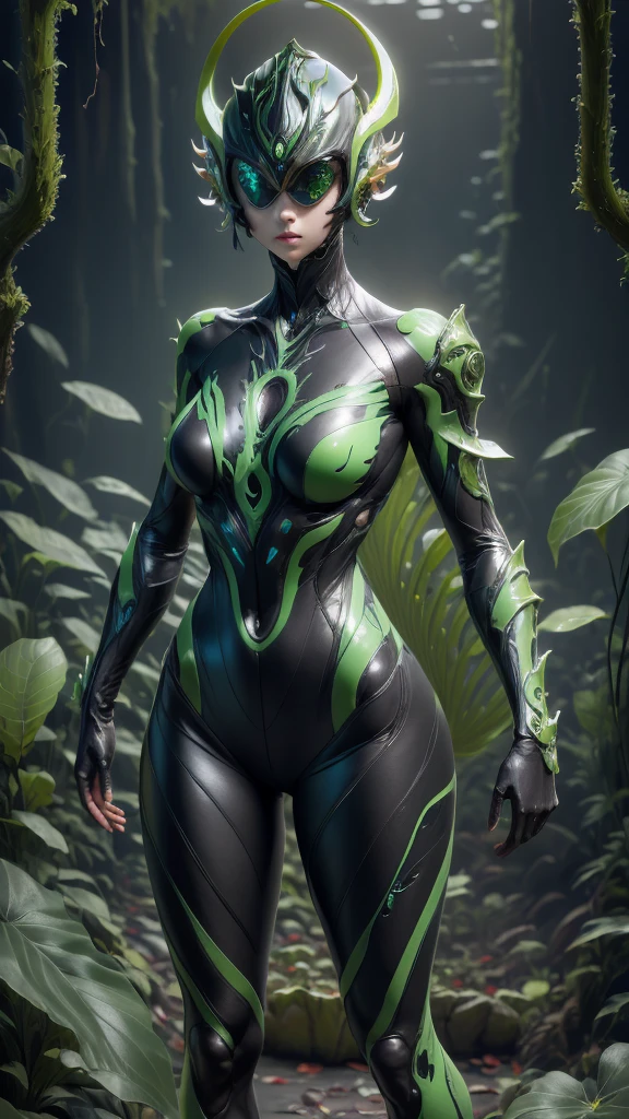 Beautiful girl fused with a Nepenthes. (High quality) （black and Green image color）. body suit. cyber style. Circuit pattern. Biological Armor. Biological helmet. eye mask.