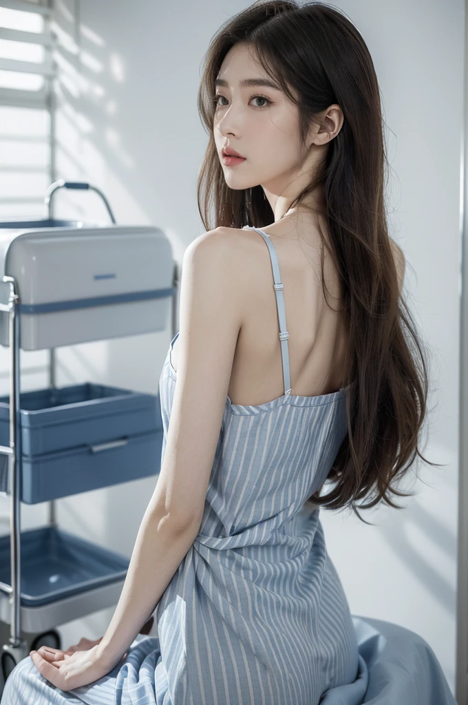(((best quality))), (((ultra detailed))), (((masterpiece))), illustration,((a fragile and beautiful young girl,solo)),((slim,thin)),((shoulder off,bare back,towering hips,butt crack)),((sitting on a hospital bed)),(vertical striped blue and white collared pajama shirt:1.3), ethereal appearance,(shoulder length straight bob hair:1.2),((close eyes,open mouth,female orgasmic,blush,ahegao)),delicate features, expressive eyes, porcelain skin, worried expression, vertical stripes on the gown, loose fit, slender fingers, polished nail polish, clinical examination room, faded walls, doctors' cart, stainless steel, hospital backdrop, stark contrasts, cold environment, warmth and vulnerability, poignant moment, moving image,((from back,upper body)),