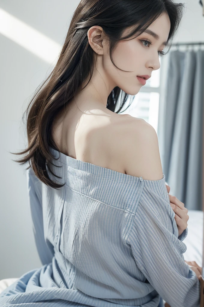 (((best quality))), (((ultra detailed))), (((masterpiece))), illustration,((a fragile and beautiful young girl,solo)),((slim,thin)),((shoulder off,bare back,towering hips,butt crack)),((sitting on a hospital bed)),(vertical striped blue and white collared pajama shirt:1.3), ethereal appearance,(shoulder length straight bob hair:1.2),((close eyes,open mouth,female orgasmic,blush,ahegao)),delicate features, expressive eyes, porcelain skin, worried expression, vertical stripes on the gown, loose fit, slender fingers, polished nail polish, clinical examination room, faded walls, doctors' cart, stainless steel, hospital backdrop, stark contrasts, cold environment, warmth and vulnerability, poignant moment, moving image,((from back,upper body)),