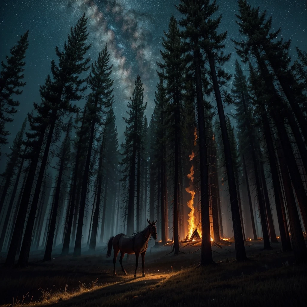 Create an image of a headless mule, surrounded by an intense aura of fire. The mule is in a nighttime forest setting, with twisted trees and a starry sky in the background. The fire illuminates the scene, casting eerie shadows on the nearby trees. Add dark and mysterious details to enhance the haunted atmosphere."