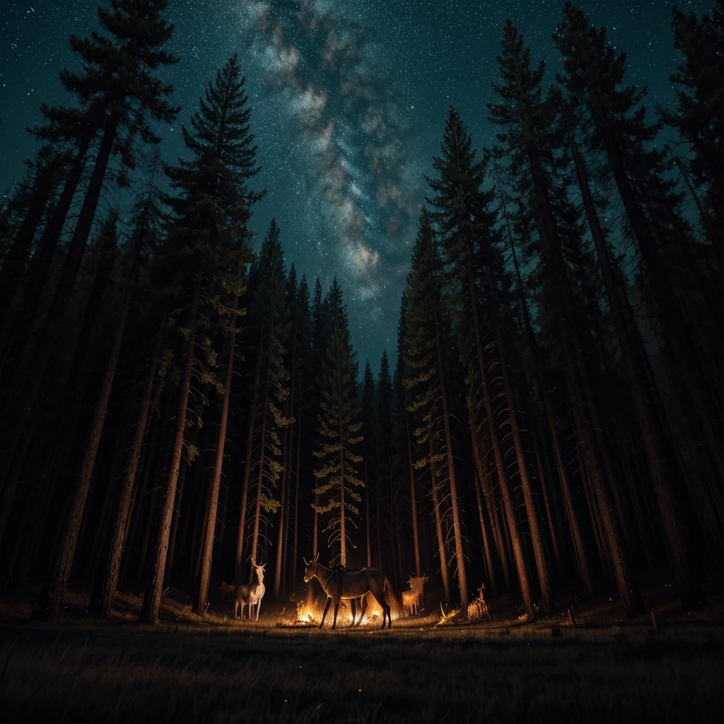 Create an image of a headless mule, surrounded by an intense aura of fire. The mule is in a nighttime forest setting, with twisted trees and a starry sky in the background. The fire illuminates the scene, casting eerie shadows on the nearby trees. Add dark and mysterious details to enhance the haunted atmosphere."