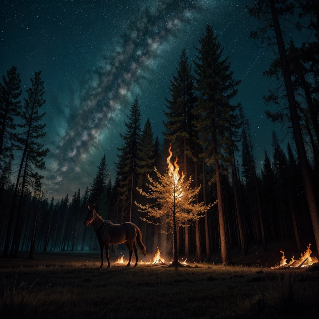 Create an image of a headless mule, surrounded by an intense aura of fire. The mule is in a nighttime forest setting, with twisted trees and a starry sky in the background. The fire illuminates the scene, casting eerie shadows on the nearby trees. Add dark and mysterious details to enhance the haunted atmosphere."