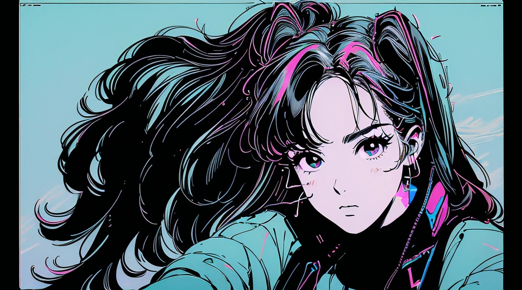 (high quality, 8K, 4K, High Contrast, masterpiece:1.2, best high quality, Best aesthetics), (Dynamic Angle), ((1 female)), JK, big , Browsing Caution, ((cyber punk)), ((Flat Color)), ((Colorful art)), Riders jacket, View your viewers, Upper Body, Colored Background, High Contrast, Colors of the evening, Cowboy Shot,headphone,