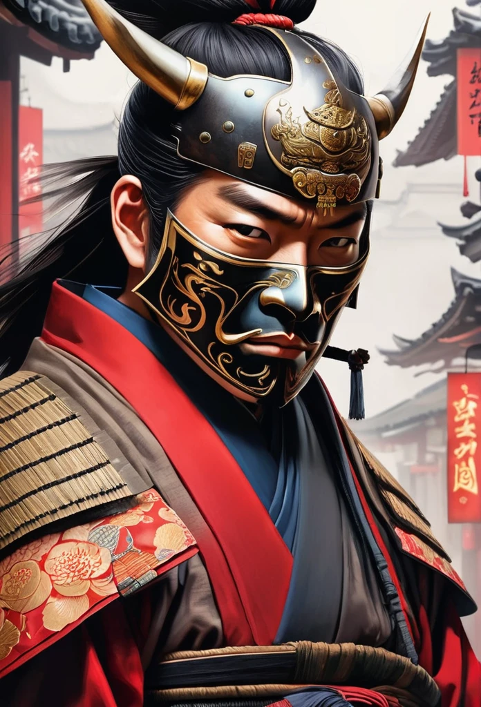 A Japanese warrior ronin with magnificent mask in portrait, the atmosphere is heavy and sad. It's very detailed and in the atmosphere of the old quarter of the time