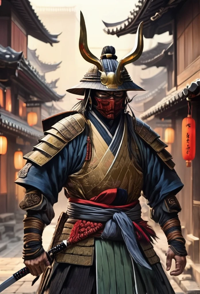 A Japanese warrior ronin with magnificent mask in portrait, the atmosphere is heavy and sad. It's very detailed and in the atmosphere of the old quarter of the time