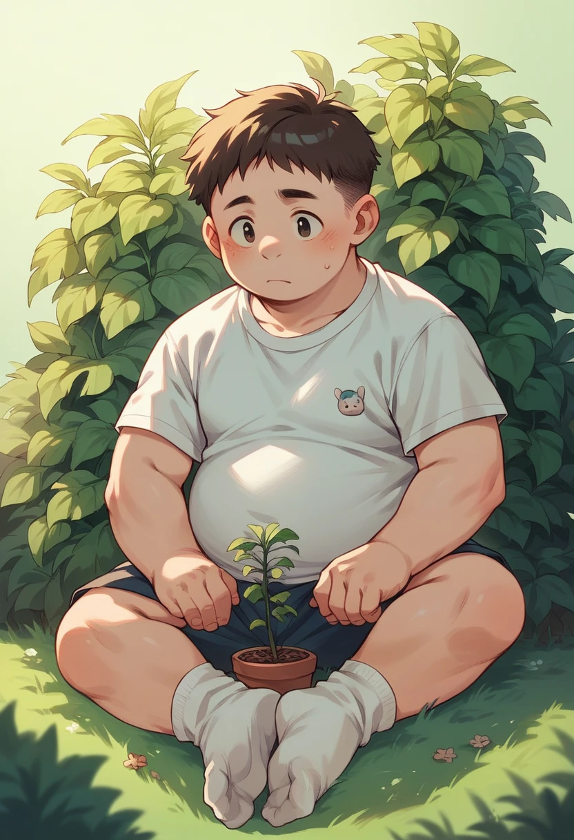 Young chubby white man sitting under a giant marijuana plant