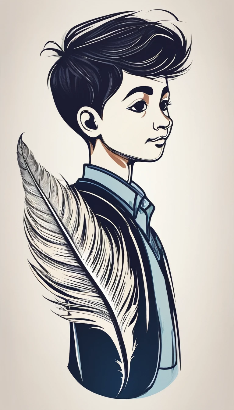 Create a minimal, modern, simple, inspirational, memorable, dream like icon design of a boy and a feather for the brand “Penamemoria"