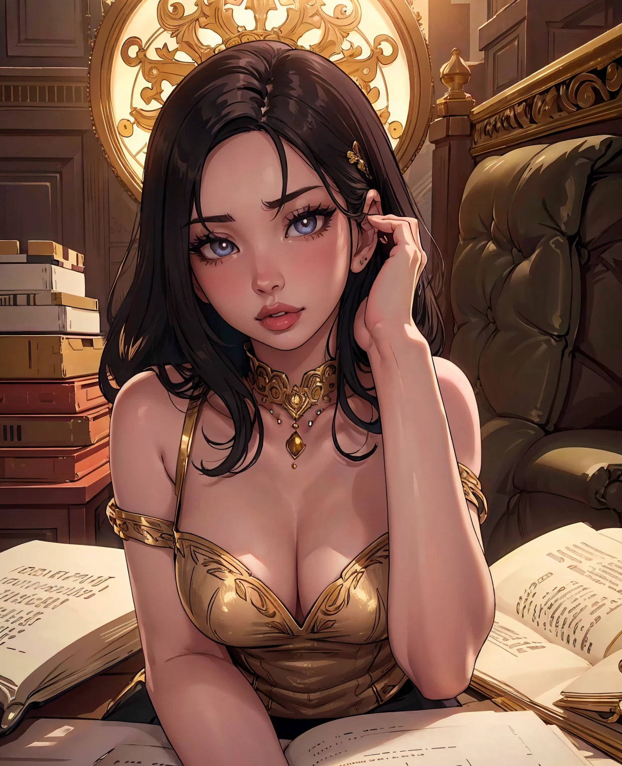 a sexy girl, beautiful detailed eyes, beautiful detailed lips, extremely detailed face, long eyelashes, wavy hair, sensual expression, provocative pose, intricate jewelry, shiny metallic accents, ornate floral decorations, dramatic lighting, cinematic composition, hyper-realistic, 8k, (best quality,4k,8k,highres,masterpiece:1.2),ultra-detailed,(realistic,photorealistic,photo-realistic:1.37),vibrant colors,glowing skin,chiaroscuro lighting