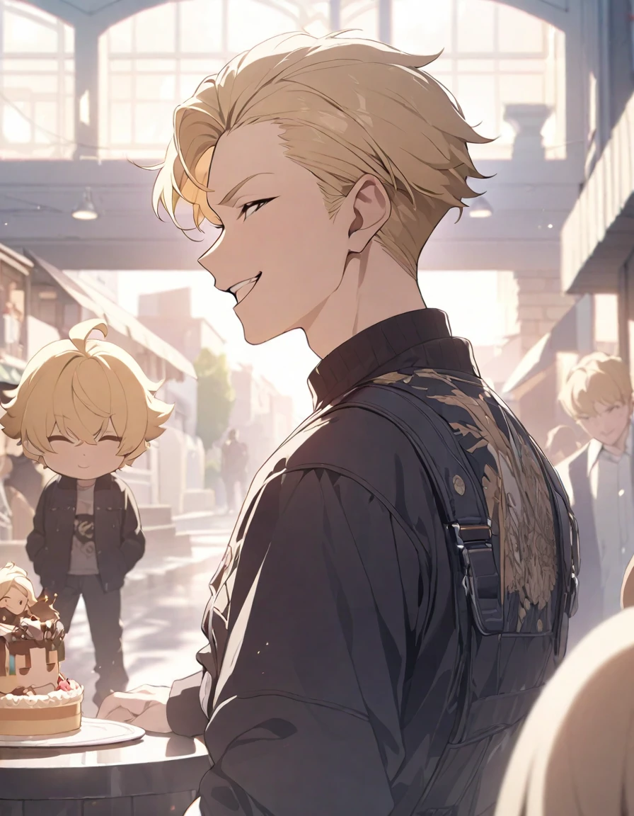 masterpiece，Highest quality，Super detailed，figure，Delicate and detailed，Intricate details，Cinematic Light，Highest qualityのバックライト，1 male, Short fluffy blonde hair, head tilted back, smile, Handsome, Open your mouth, Smug eyes, cool illustration, Street style clothing, birthday,Stuffing cake into one&#39;s mouth,Look at me and make a peace sign
