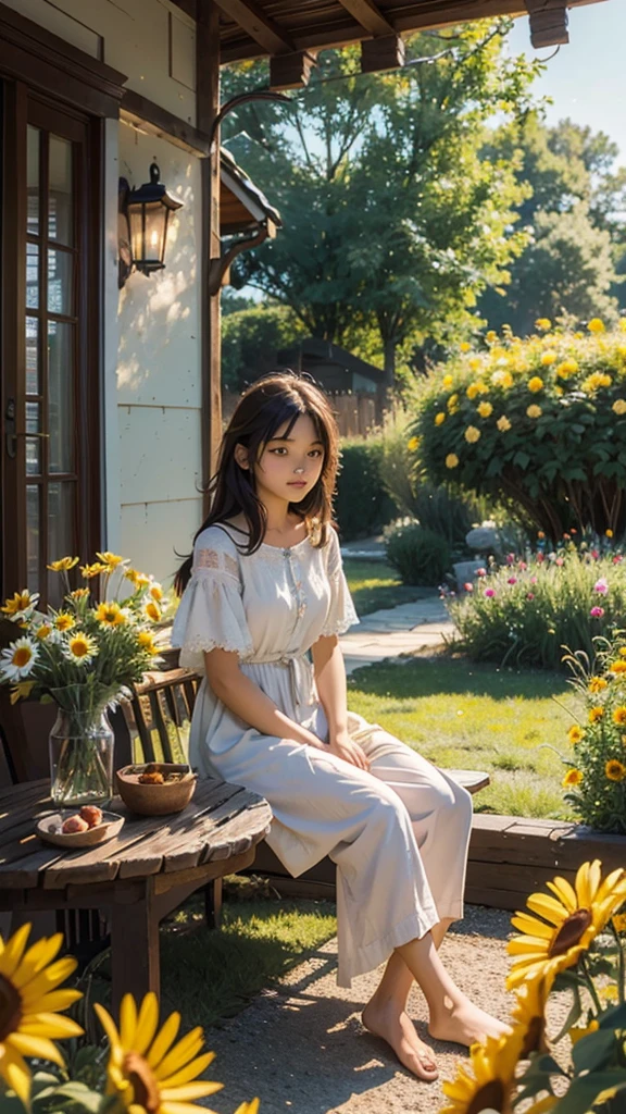 Create a stunning, serene digital artwork of a cozy countryside home bathed in the golden light of the setting sun. The house, a charming two-story with a welcoming porch, is nestled among a vibrant, sprawling garden. The garden is a riot of colors, filled with daisies, sunflowers, and various wildflowers that sway gently in the breeze.
In the foreground of the scene, add a young boy sitting in the garden. He should be around eight to ten years old, with tousled hair and wearing simple, comfortable clothes. The boy is sitting cross-legged on the lush green grass, surrounded by blooming flowers. He appears lost in thought, gazing dreamily at the house, perhaps imagining the stories and adventures that could unfold in such a beautiful place.
The sky is a canvas of warm hues, with streaks of pink, orange, and purple as the sun sets, casting a soft glow over the entire scene. The atmosphere is peaceful and idyllic, evoking a sense of nostalgia and longing for a simpler, more magical time.