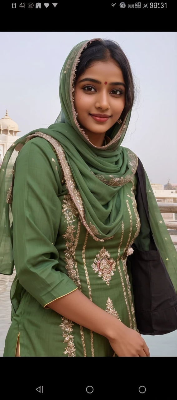 A simple, cute Indian girl wearing a traditional salwar suit. She has a warm smile and a gentle demeanor, exuding a natural charm. Her salwar suit is adorned with subtle, elegant patterns, reflecting her modest yet graceful style. The vibrant colors of her outfit complement her complexion, and face makeup lite no required bindi and her hair is neatly styled, enhancing her overall appearance HDR.