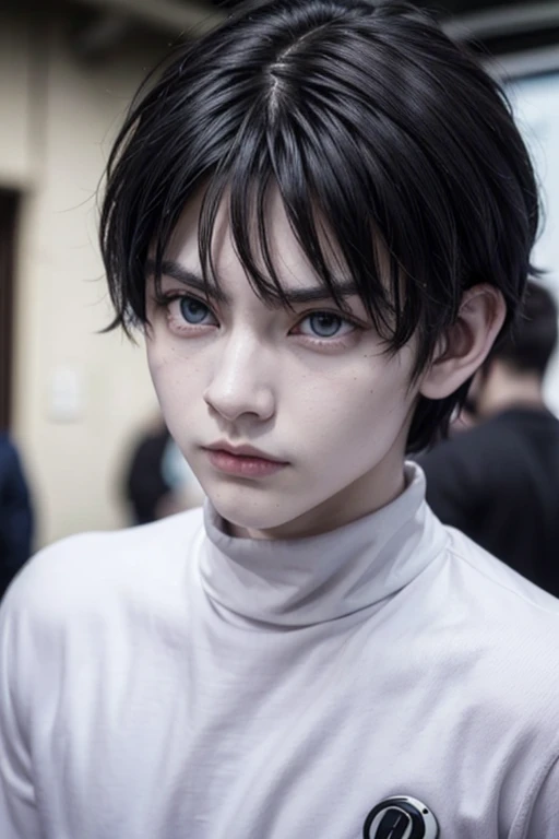 1man, short black hair, long bangs up to the eyes, ice colored eyes, semi tired eyes, black eyebrows slightly furrowed, pale skin, Mole under the right eye, full lips, serious face, black turtleneck t-shirt, long white coat.