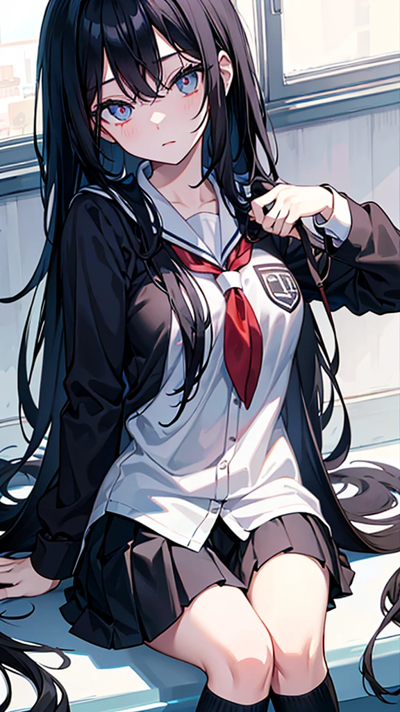 long black hair, eyes black, school clothes, perfect and very beautiful face