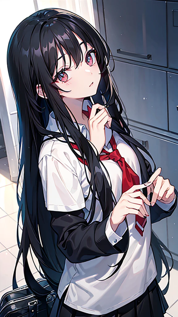 long black hair, eyes black, school clothes, perfect and very beautiful face