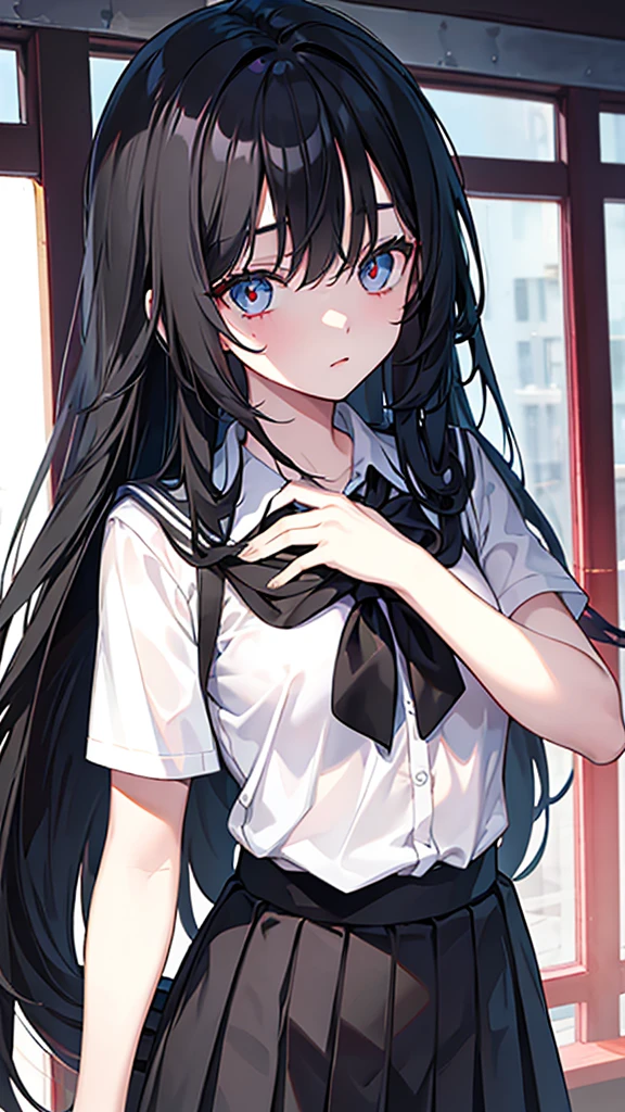 long black hair, eyes black, school clothes, perfect and very beautiful face