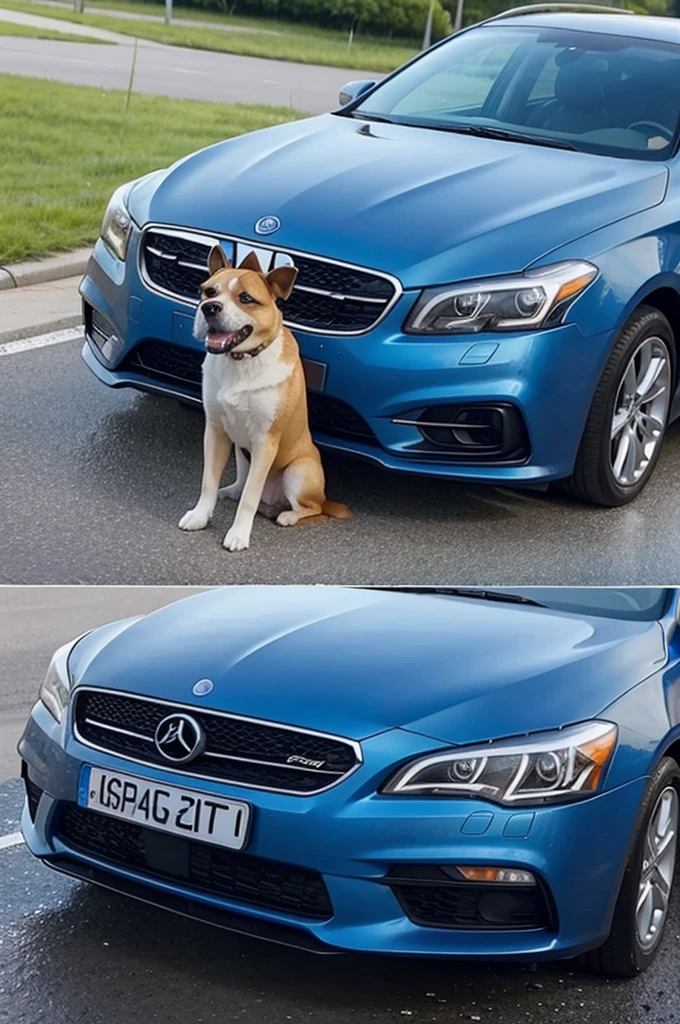 Dog urinates on car next to blue sky sunny weather