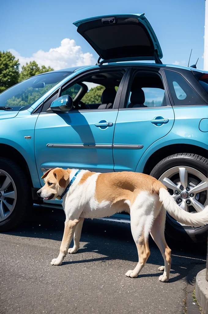 Dog urinates on car next to blue sky sunny weather