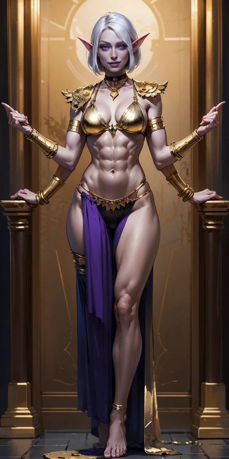 ((1sologirl)) full body standing barefoot, gray skin, drow, elf, Madura, Detailed happy face, purple eyes, white hair bob style, gold bikini, well defined six pack abs, Large knockers, black leather choker with gold bell, gold chain necklace, golden bracers, belly button