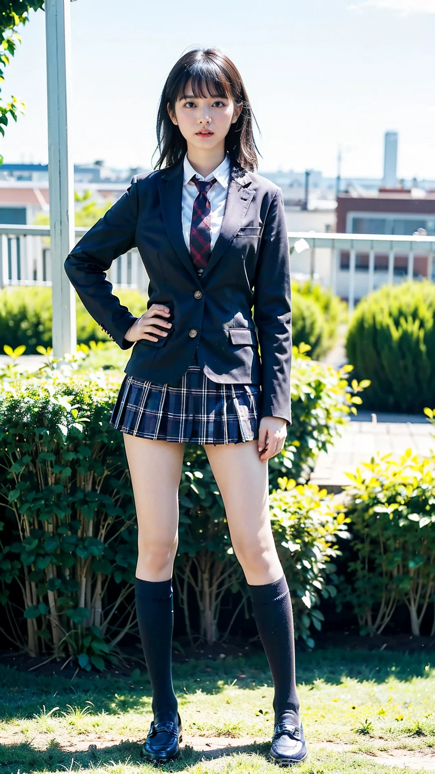 (8K、RAW Photos、Highest quality、masterpiece:1.2)、(Realistic、Realistic)、1 Girl、((Black Check Mini Skirt、High School Uniform、blazer、Navy Socks、loafers、Medium Hair、garden、View from the front、Looking into the camera、Stand with hands on hips))、cute