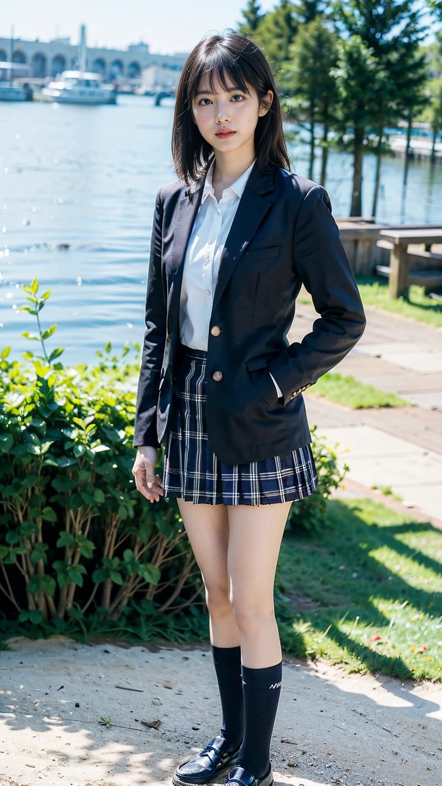 (8K、RAW Photos、Highest quality、masterpiece:1.2)、(Realistic、Realistic)、1 Girl、((Black Check Mini Skirt、High School Uniform、blazer、Navy Socks、loafers、Medium Hair、garden、View from the front、Looking into the camera、Stand with hands on hips))、cute