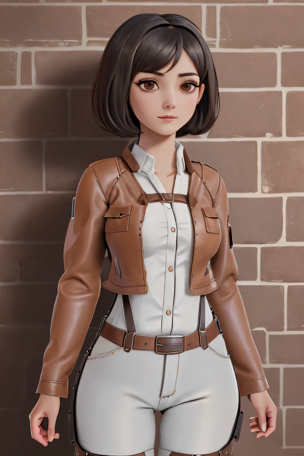 close up 1girl in, Mikasa Ackerman, teenager, Solo, short bob cut hair, sleek black hair, pale skin, full large breasts, cleavage, runners body, (thin hips, thin waist: 1.25), (arched back:1.12), detailed skin, neutral face, revealing clothes, (wearing brown leather jacket, white button down blouse, tight pants, leather harness straps: 1.4), (detailed castle wall background:1.4), 4k textures, soft light, elegant, highly detailed, sharp focus, soothing tones, insane details, intricate details, hyperdetailed, low contrast, exposure blend, hdr, faded