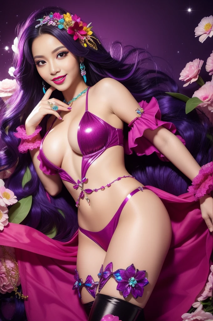 sexy Caribbean model who controls poison、beautiful smile、lipgloss、bold lipstick、intense makeup、look at the camera、full body Esbian、、sparkling poisoned flower costume、、、、sparkling Colorful hair、secrete poison、skull hair accessories、sexy tights、shiny sparkling flowers background