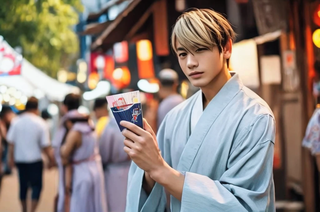 Standing Boy、1 person、Yukata、male、Blonde hair cut、Summer festival、Have a fan